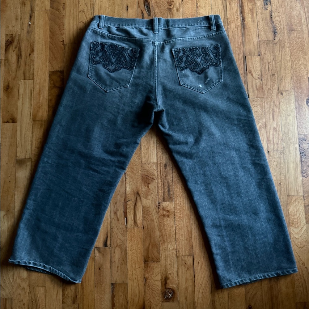 Gray Denim Jeans with Embroidered Pockets
